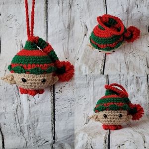 New crochet dark green elf head ornament